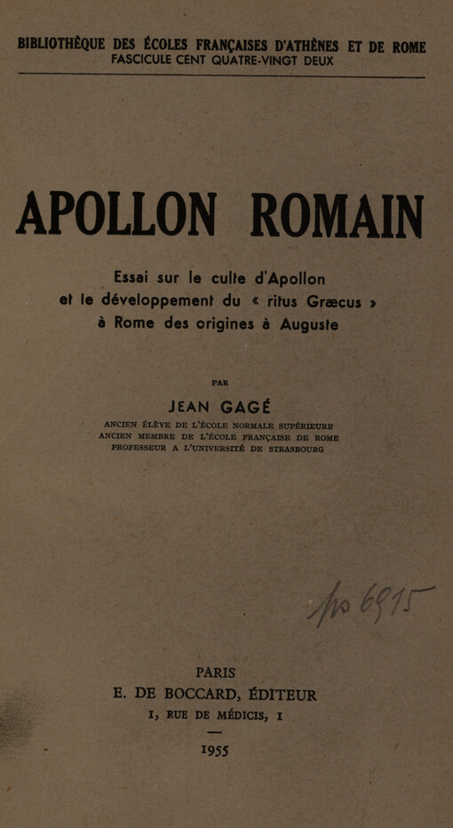Apollon romain : essai sur le culte d'Apollon et le développement du 