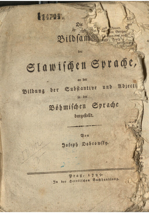 Die Bildsam[keit] der Slawischen Sprache, an der Bildung der Substantive und Adjecti[ve] in der Böhmischen Sprache dargestellt