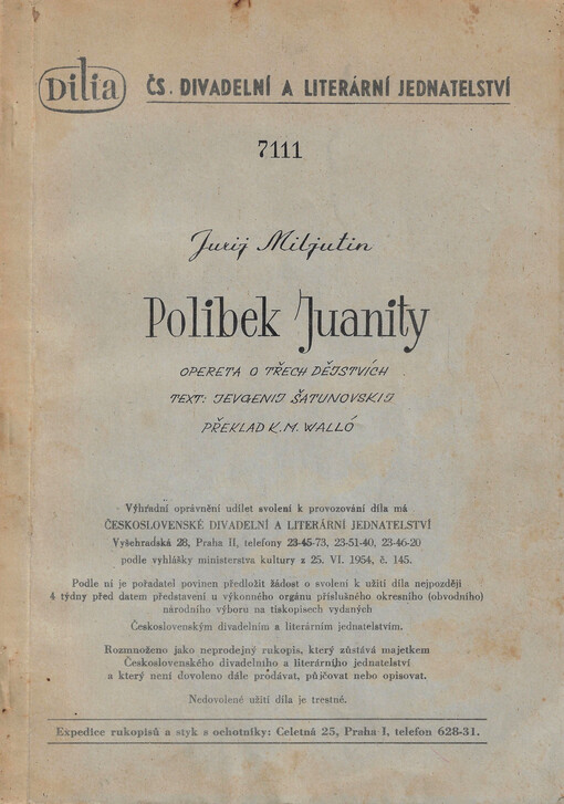 Polibek Juanity : opereta o třech dějstvích