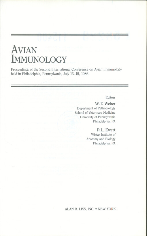 Avian immunology : proceedings of the 2nd international conference held in Philadelphia : July 13-15, 1986