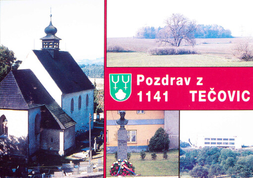 Pozdrav z Tečovic 1141 : kostel sv. Jakuba Většího z r. 1260, staletá lípa : pomník T. G. M. : nová Tečovská tvrz ZD Zlín