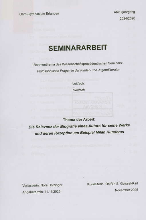 Die Relevanz der Biografie eines Autors für seine Werke und deren Rezeption am Beispiel Milan Kunderas