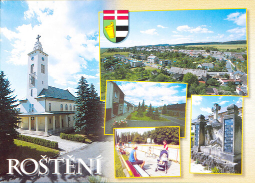 Roštění : kostel sv. Floriána : pohled na západní část obce : hlavní ulice od Kostelce : koupaliště : památník obětem 1. světové války