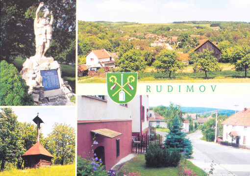 Rudimov : založení obce  1440 : pomník rudimovských občanů padlých v 1. světové válce : Dřevěná zvonice z roku 1780 : Celkový pohled na obec : Středová část obce