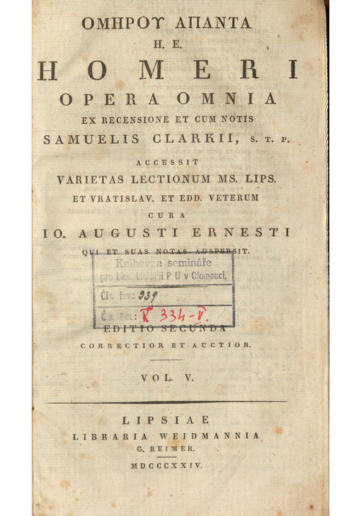 Homeri Opera omnia = Omῑroy Apaῑta ῑ.e. Vol. V.