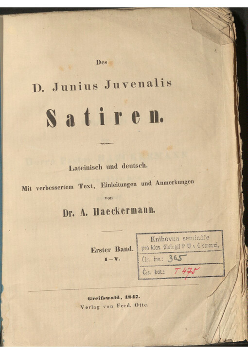 Des D. Junius Juvenalis Satiren. Erster Band. I-V.