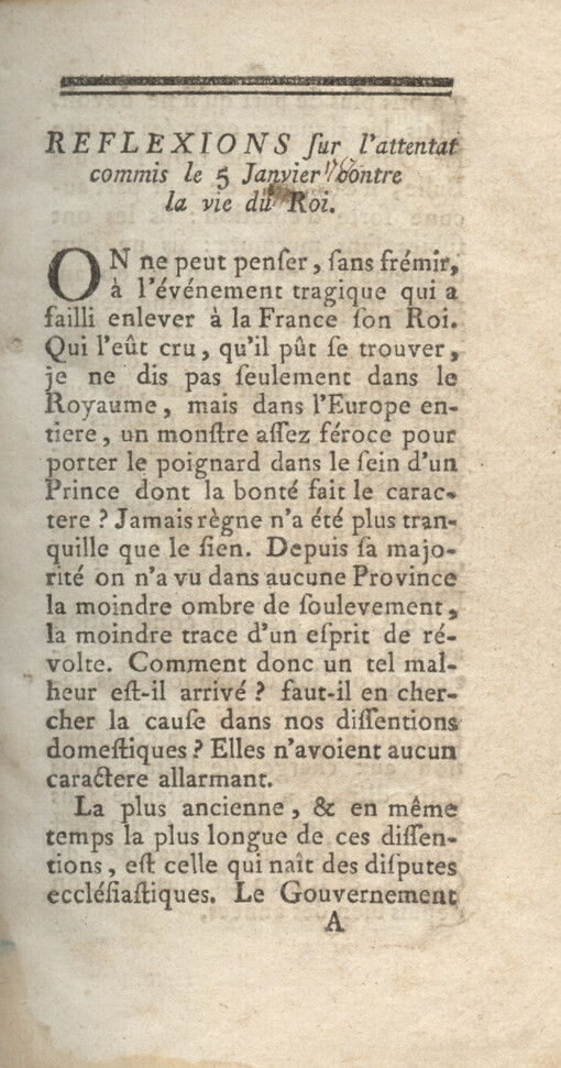 Reflexions sur l'attentat commis le 5 Janvier la vie du Roi