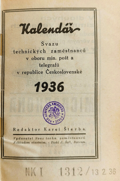 Kalendář Svazu technických zaměstnanců v oboru ministerstva pošt a telegrafů v Republice Československé