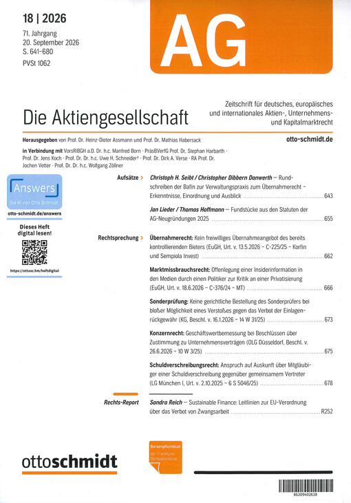 Die Aktiengesellschaft : Zeitschrift für das gesamte Aktienwesen, für deutsches, europäisches und internationales Unternehmens- und Kapitalmarktrecht.
