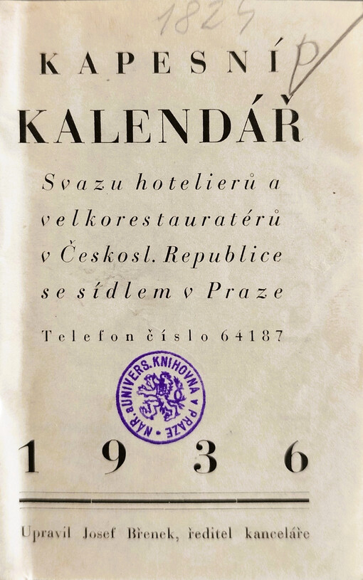 Kapesní kalendář Svazu hotelierů a velkorestauratérů v Československé republice se sídlem v Praze