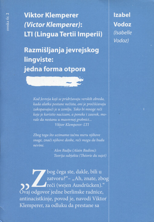 Razmišljanja jevrejskog lingviste - jedna forma otpora : Viktor Klemperer (Victor Klemperer) - LTI (Lingua Tertii Imperii)
