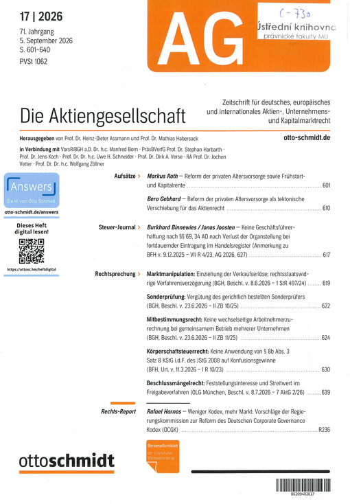 Die Aktiengesellschaft : Zeitschrift für das gesamte Aktienwesen, für deutsches, europäisches und internationales Unternehmens- und Kapitalmarktrecht.