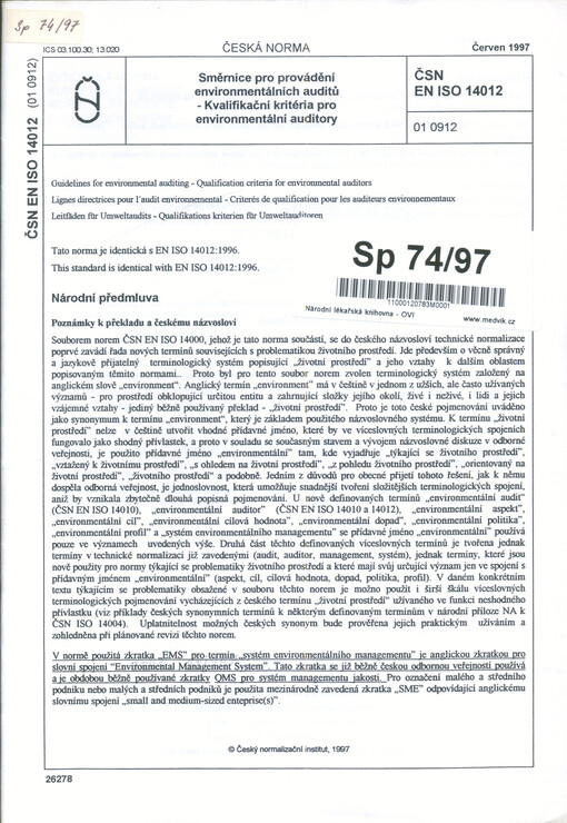 Směrnice pro provádění environmentálních auditů : kvalifikační kritéria pro environmentální auditory