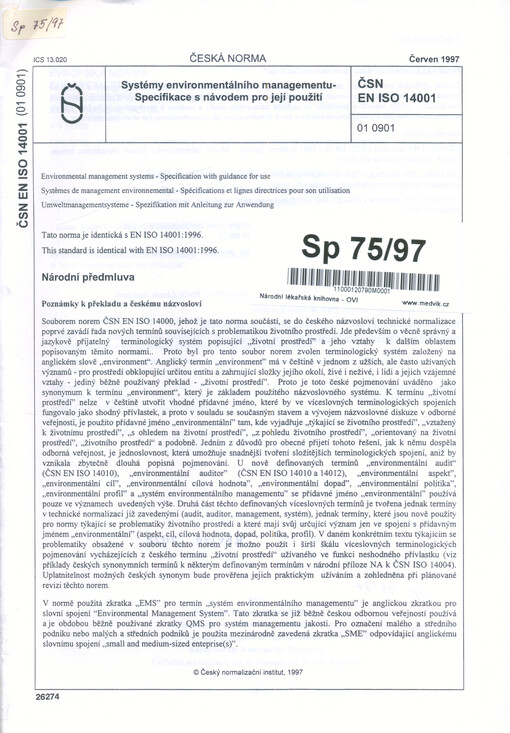 Systémy environmentálního managementu : specifikace s návodem pro její použití