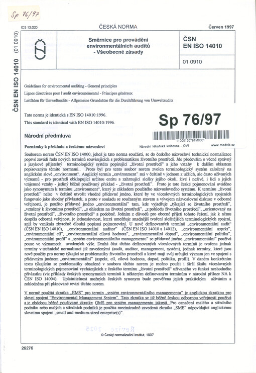 Směrnice pro provádění environmentálních auditů : všeobecné zásady