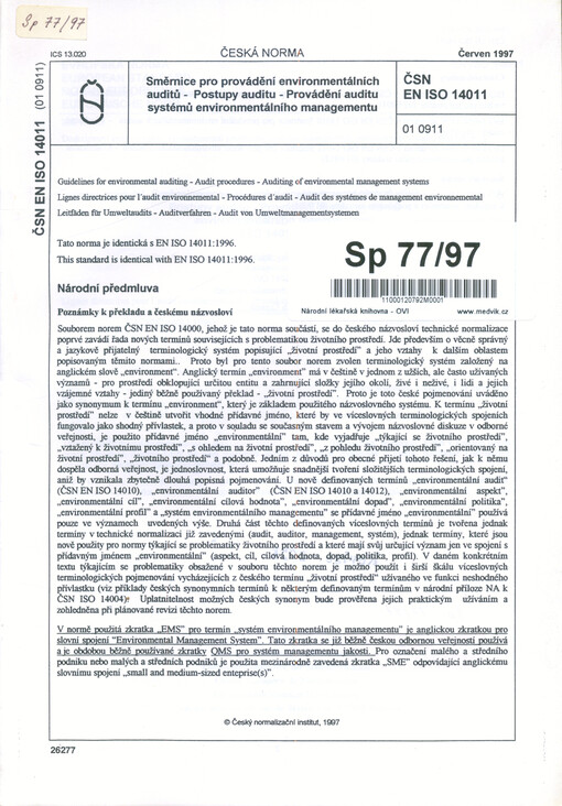 Směrnice pro provádění environmentálních auditů : postupy auditu : provádění auditu systémů environmentálního managementu