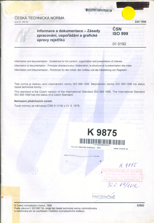 ČSN ISO 999 : Informace a dokumentace : zásady zpracování, uspořádání a grafické úpravy rejstříků