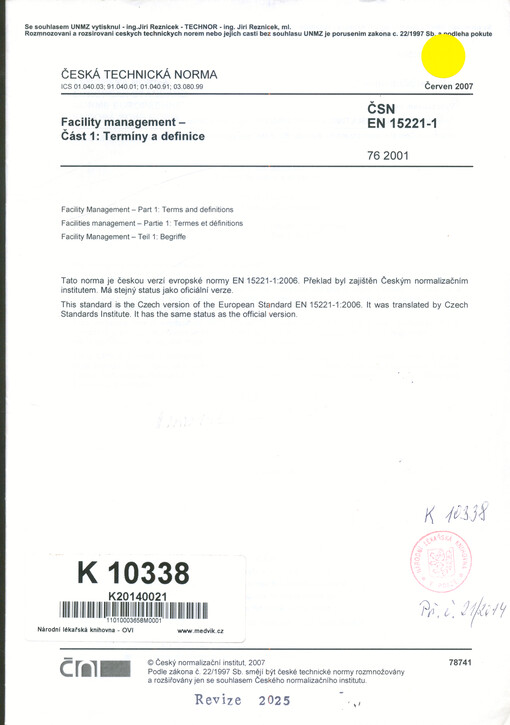 Facility management : ČSN EN 15221-1. 1, Termíny a definice