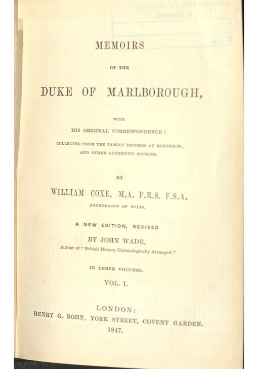 Memoirs of the Duke of Marlborough. Vol. I.