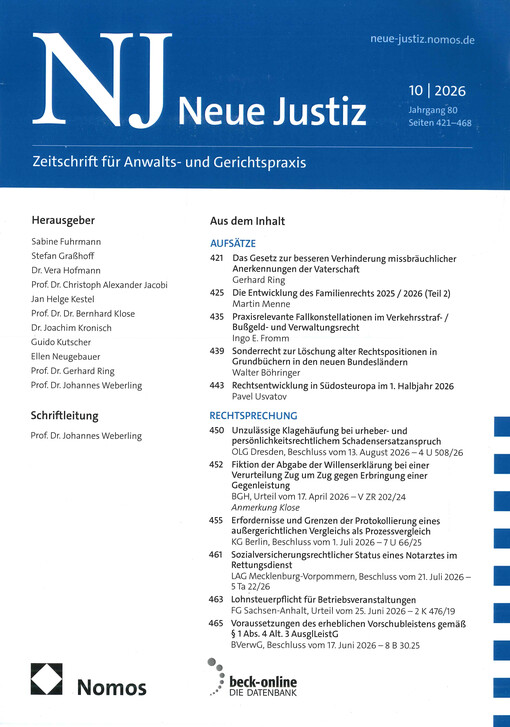 Neue Justiz : Zeitschrift für Anwalts- und Gerichtspraxis