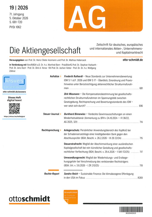 Die Aktiengesellschaft : Zeitschrift für das gesamte Aktienwesen, für deutsches, europäisches und internationales Unternehmens- und Kapitalmarktrecht.