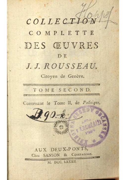 Collection complette des Oeuvres de J. J. Rousseau, Citoyen de Genéve. Tome second, contenant le Tome II. de Politique