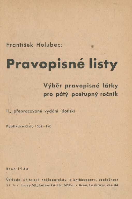 Pravopisné listy: výběr pravopisné látky pro pátý postupný ročník