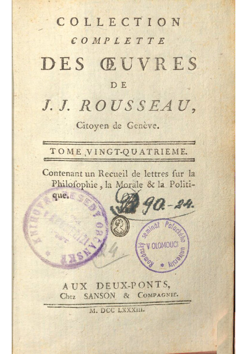 Collection complette des oeuvres de J. J. Rousseau, Citoyen de Genѐve. Tome vingt-quatrieme, contenant un Recueil de lettres sur la Philosophie, la Morale & la Politique