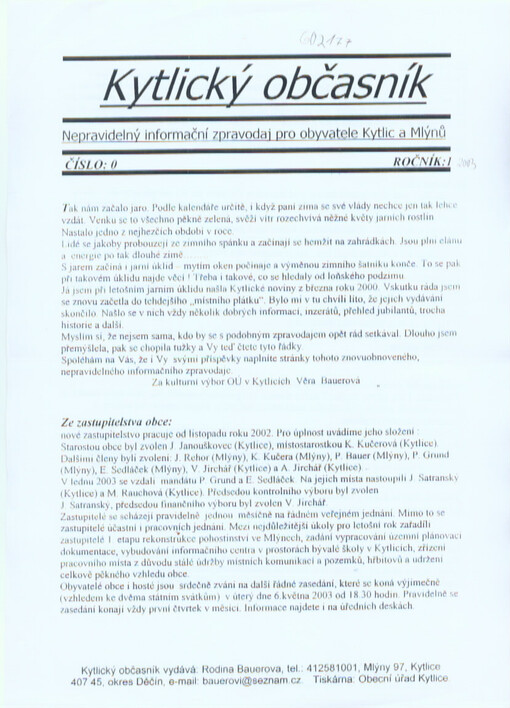 Kytlický občasník : nepravidelný informační zpravodaj pro obyvatele Kytlic a Mlýnů