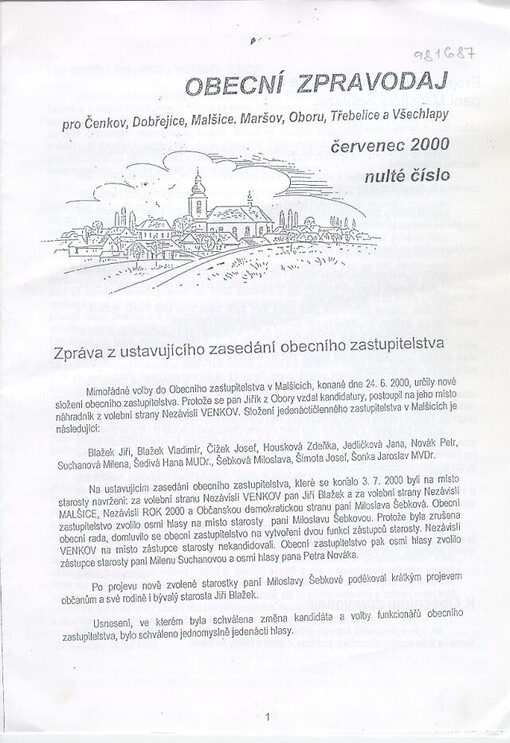Obecní zpravodaj pro Čenkov, Dobřejice,Malšice, Maršov, Oboru, Třebelice a Všechlapy