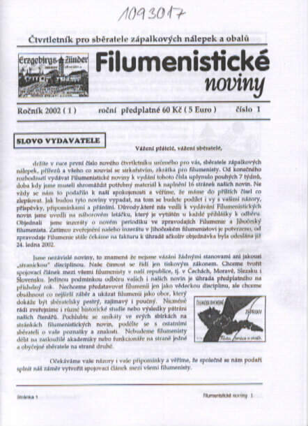 Filumenistické noviny : čtvrtletník pro sběratele zápalkových nálepek a obalů