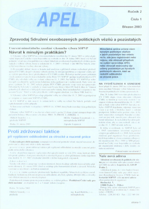 Apel : zpravodaj Sdružení osvobozených politických vězňů a pozůstalých