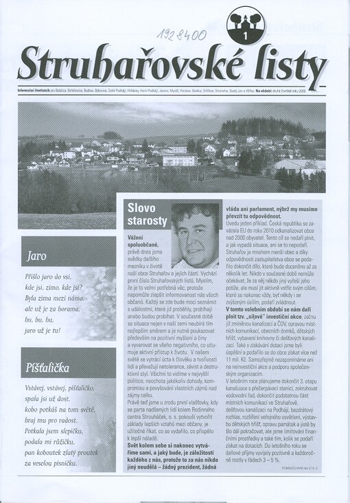 Struhařovské listy : informační čtvrtletník pro Babčice, Bořeňovice, Budkov, Býkovice, Dolní Podhájí, Hliňánky, Horní Podhájí, Jezero, Myslíč, Pecínov, Skalici, Střížkov, Struhařov, Svatý Jan a Věřice