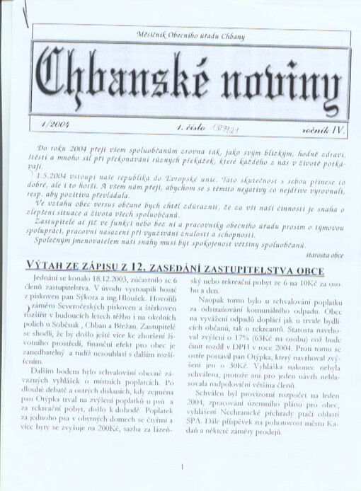 Chbanské noviny : měsíčník Obecního úřadu Chbany