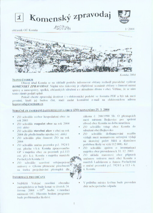 Komenský zpravodaj : občasník OÚ Komňa