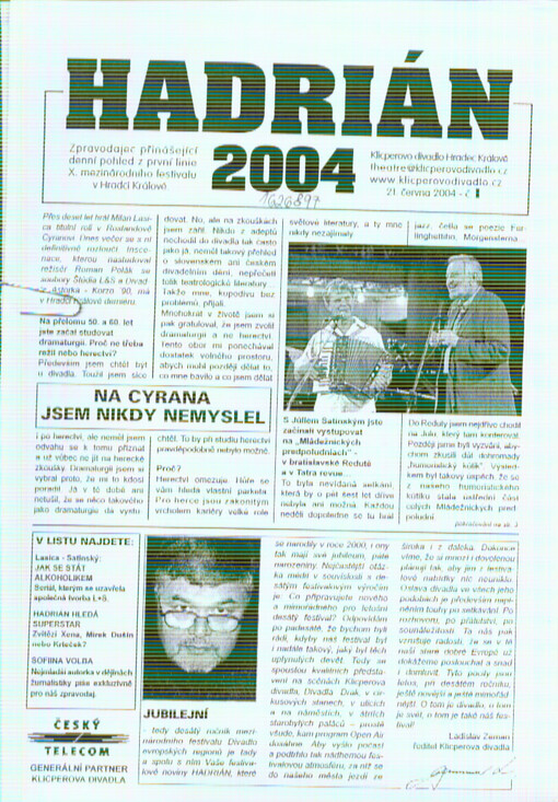 Hadrián : zpravodajec přinášející denní pohled z první linie ... mezinárodního festivalu v Hradci Králové