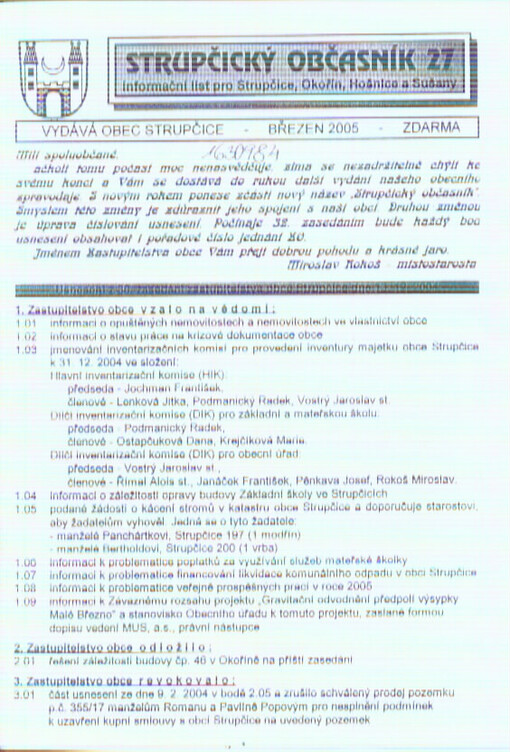 Strupčický občasník : informační list pro Strupčice, Okořín, Hošnice a Sušany