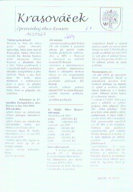 Krasováček : zpravodaj obce Krasov