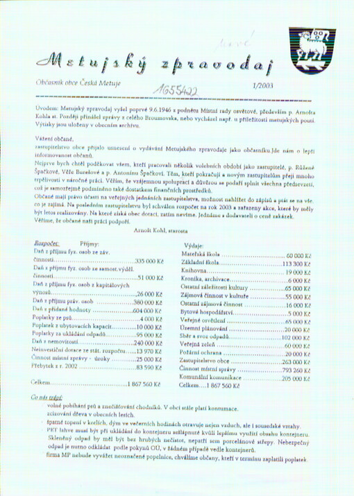 Metujský zpravodaj : občasník obce Česká Metuje
