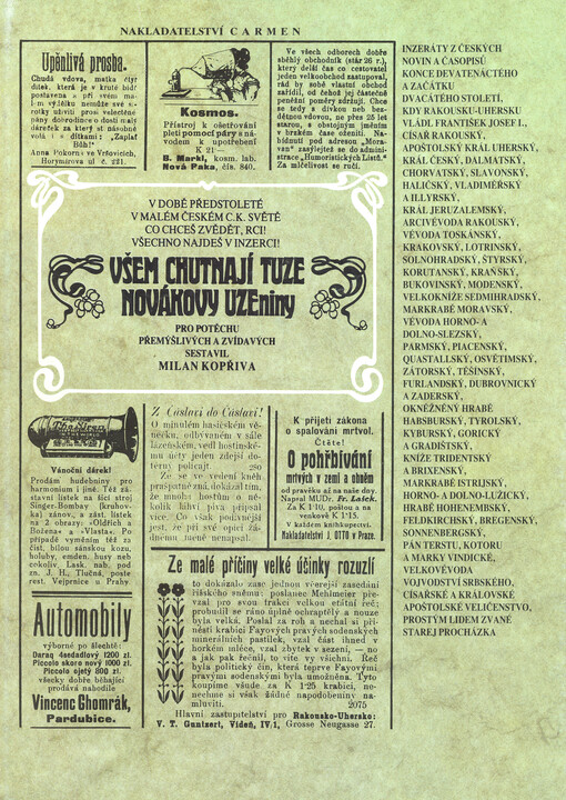 Všem chutnají tuze Novákovy uzeniny: inzeráty z českých novin a časopisů konce 19. a začátku 20. stol., kdy Rakousku-Uhersku vládl císař František Josef I., zvaný starej Procházka