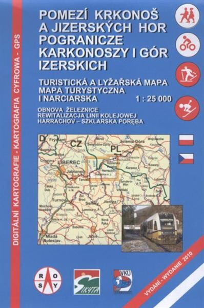 Pomezí Krkonoš a Jizerských horturistická a lyžařská mapa : obnova železnice Harrachov - Szklarska Poręba = Pogranicze Karkonoszy i Gór Izerskich : mapa turystyczna i narciarska : rewitalizacja linii kolejowej Harrachov - Szklarska Poręba