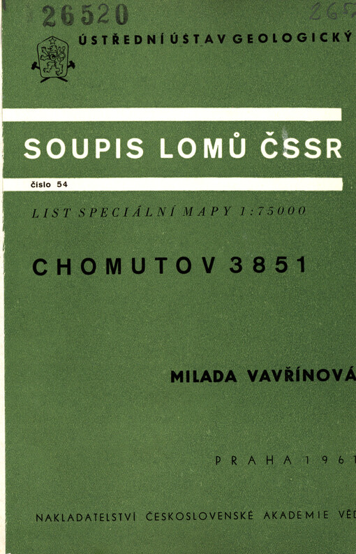 Soupis lomů ČSSR. Číslo 54, Chomutov 3851 : list speciální mapy 1:75 000