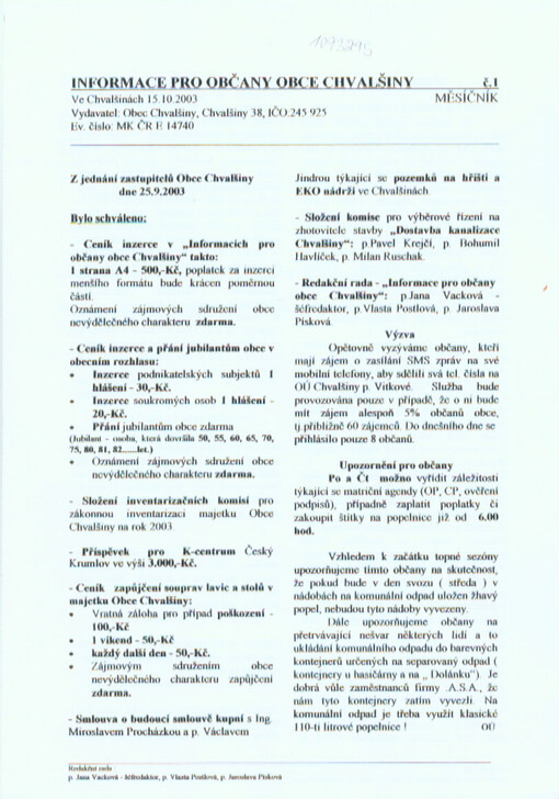 Informace pro občany obce Chvalšiny