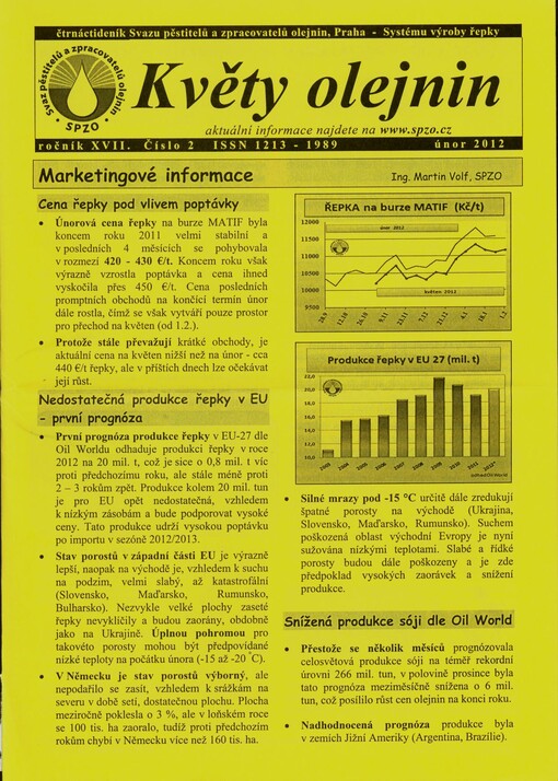 Květy olejnin : čtrnáctideník Svazu pěstitelů a zpracovatelů olejnin, Praha - systému výroby řepky