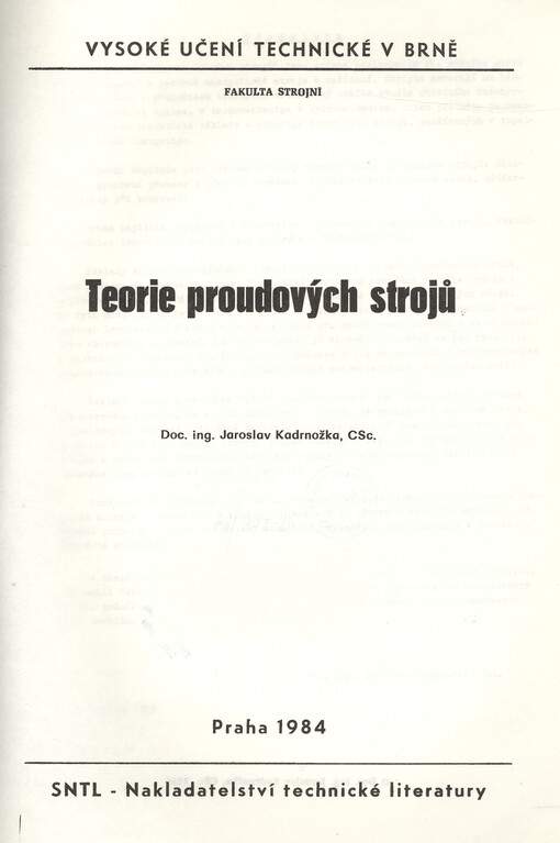 Teorie proudových strojů :určeno pro posl. fak. strojní