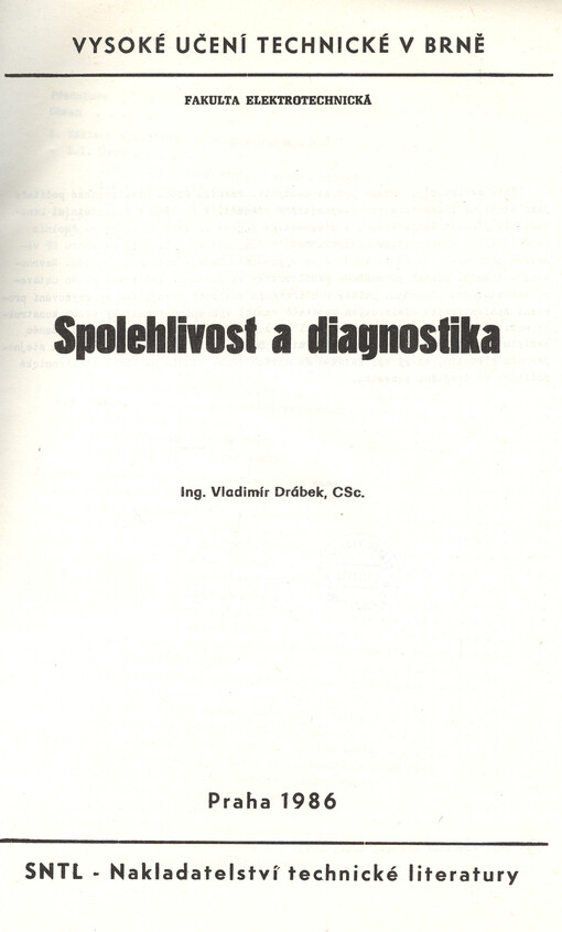 Spolehlivost a diagnostika :určeno pro posl. fak. elektrotechn.