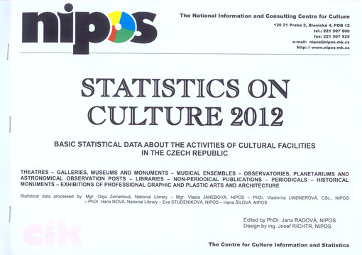 Statistics on culture ... :basic statistical data about the activities of cultural facilities in the Czech Republic.Theatres, filmed works, galleries, musical ensembles, observatories, planetariums and astronomical observation posts, libraries, museums and monuments, historical monuments, non-periodical publications, periodicals