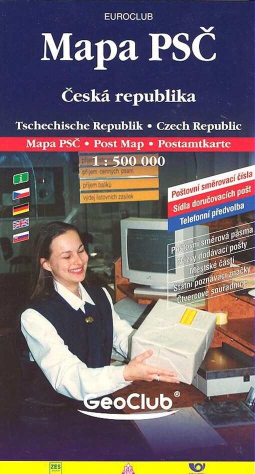 Mapa PSČČeská republika 1:500^000 : poštovní směrovací čísla, sídla doručovacích pošt, telefonní předvolba : poštovní směrová pásma, názvy dodávací pošty, městské části, státní poznávací značky, čtvercové souřadnice