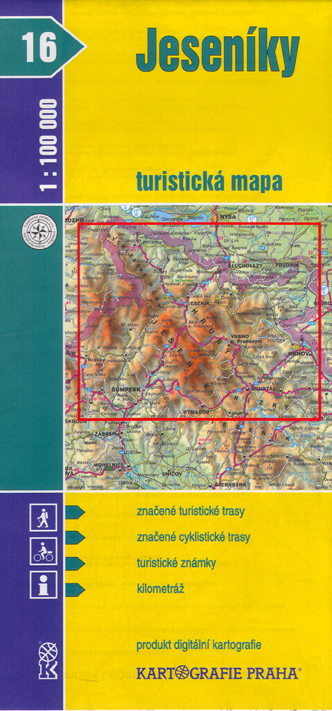 Jeseníky turistická mapa 1:100^000 : značené turistické trasy, značené cyklistické trasy, turistické známky, kilometráž : produkt digitální kartografie