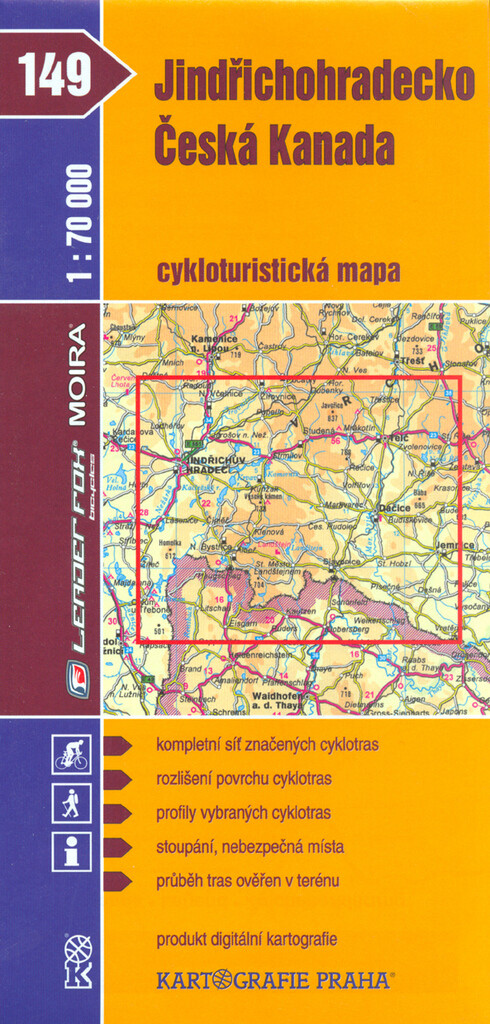 Jindřichohradecko Česká Kanada : cykloturistická mapa 1:70^000 : kompletní síť značených cyklotras : rozlišení povrchu cyklotras : profily vybraných cyklotras : stoupání, nebezpečná místa : průběh tras ověřen v terénu : produkt digitální kartografie